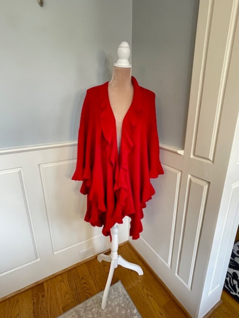 Coldwater Creek Red Ruffle Ruana Wrap OS Boho Lagenlook Open Front Shrug Poncho - Picture 2 of 7